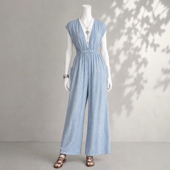 Mara Hoffman Pants - Mara Hoffman Swim Whitney Hemp Jumpsuit L Blue Stripe Wide Leg Beach Cover Up